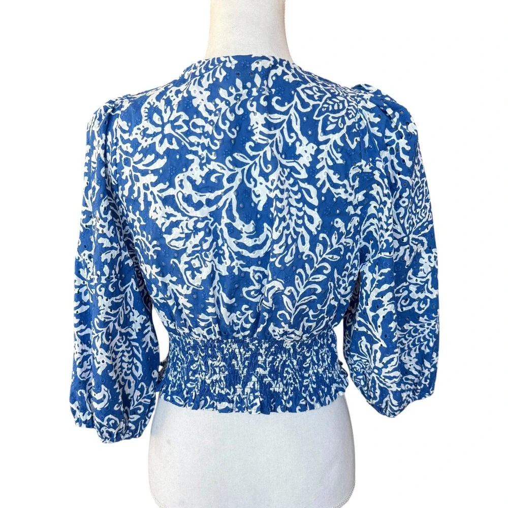 Zara Blue White Eyelet Floral Smocked Crop Top V-Neck Puff Sleeve Blouse Medium